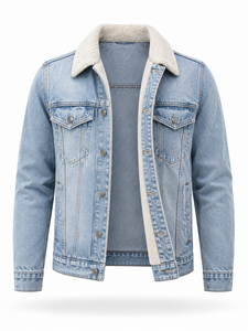 Veste en jean bleu clair pour homme, fermeture boutonnée, coupe classique, style décontracté, pour l'automne, 100 % coton tissé, délavée, coupe-vent - Product Image 2