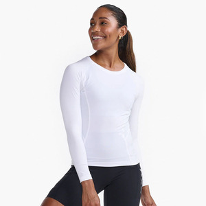 Haut de yoga à manches longues pour femme, col rond, blanc uni, avec insert en maille respirante, compression, coupe régulière, vêtement de sport - Product Image 1