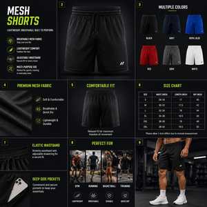 High Quality Men's <b>Black</b> Mesh Drawstring Breathable Sporty Design Mid Waist <b>Short</b> Length Heat Transfer Print Embroidery <b>Work</b> - Product Image 6