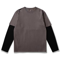 T-shirt décontracté sans col à manches longues en tricot double couche effet vieilli style streetwear, 100 % coton respirant, grandes tailles