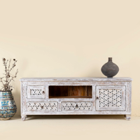 Meuble TV convertible de luxe extensible en bois massif, style ferme moderne, pour salon et chambre, avec rangement et sculptures, compatible téléviseurs jusqu'à 65 pouces