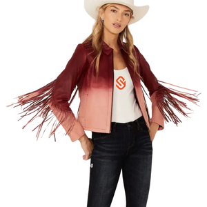 Chaqueta de cuero de cordero ombre para mujer, color borgoña y rosa, con efecto degradado, mangas con flecos, cremallera, estilo moto, de cuero genuino, abrigo de piel de cordero auténtica - Product Image 1