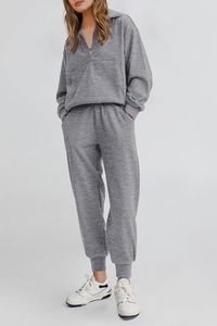 Conjunto Deportivo de Pantalones y Sudadera con Cierre de Cremallera a la Mitad, Color Gris, para Mujer, Corte Regular, Estilo Casual de Otoño, con Bolsillos Laterales y Logotipo Frontal - Product Image 2