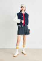 Veste universitaire bleu marine pour femme, en viscose tricotée, couleur unie, style preppy, col montant, manches courtes, coupe classique, pour l'automne
