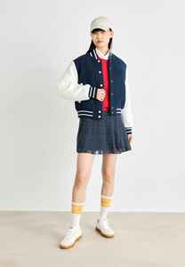 Women's Navy Blue Varsity <b>Jacket</b> Knitted Viscose Solid Color Preppy Style Stand Collar <b>Short</b> <b>Sleeve</b> Regular Fit Autumn Wear - Product Image 3