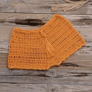 Crocheted Women's Bohemian Shorts Solid Color Knitted Drawstring Waist Breathable Summer Wear Mid Waist Regular Fit - Product Image 3