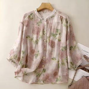 Chemise boutonnée à imprimé floral rose clair pour femme, avec col mandarin et coupe décontractée, manches 3/4 - Product Image 2