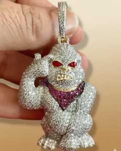 Cartoon Gorilla Brilliant 925 Sterling <b>Silver</b> Moissanite Inlay Red Eyes Ruby <b>Scarf</b> Design Hip Hop Men's Pendant - Product Image 6