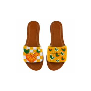 Checkered Lemon Design Handmade Beaded Slippers Customizable Summer Footwear Trendy Seed Bead Sandals Stylish Party Wear Fashion - Product Image 1