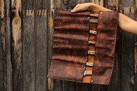 Sac de rangement pliable en toile cirée et cuir marron, écologique, pour couteaux et outils, avec poches, ensemble de cuisine six pièces en acier au carbone, logo et taille personnalisables