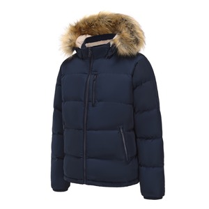 OEM Wholesale Men's Navy Blue Hooded Puffer Jacket with <b>Fur</b> <b>Trim</b> Windproof Down Filled Zipper Closure Casual Winter Coat - Product Image 4