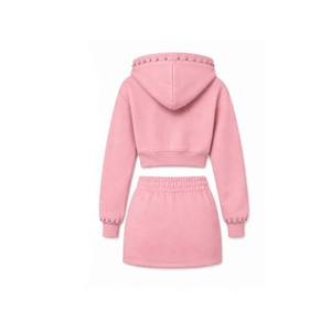 Wholesale Winter Eco-Friendly <b>Pink</b> Hooded <b>Tracksuit</b> Set Women Casual Zipper Front Sweatshirt Rhinestone Details Full Sleeve Knee - Product Image 4