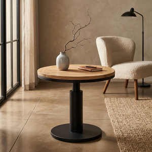 Table d'appoint ronde d'élégance industrielle avec plateau en teck massif et pieds en métal thermolaqué pour salon - Product Image 5