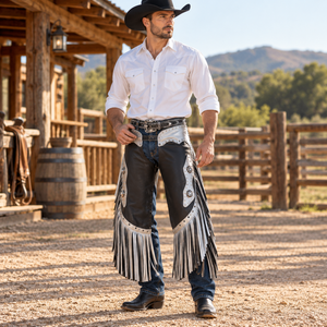 Black Silver Leather Chinks | Western <b>Cowboy</b> Riding <b>Chaps</b> Two Tone Fringe Studded Ranch Rodeo Equestrian Horse Riding Tack Gears - Product Image 2