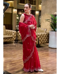 KV Elegant <b>Red</b> Shimmer Chiffon with Fine Embroidery <b>Saree</b> With Unstitched Blouse - Product Image 1