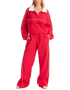 Ensemble de survêtement deux pièces rétro rouge pour femme, coupe-vent léger avec veste zippée et pantalon de jogging décontracté – Vente en gros - Product Image 2