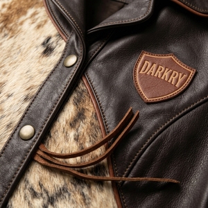 Asymmetric Diagonal Panel <b>Womens</b> Western <b>Leather</b> <b>Jacket</b> Lapel Collar Cowhide Hair On Hide <b>Brown</b> Fringe Country Outerwear - Product Image 6