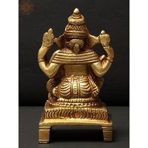 Petite statue en laiton de Chaturbhuja Lord Ganapati de 3 pouces assise sur un piédestal fait à la main en Inde - Product Image 4
