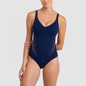 Women One Piece Swimsuit Striped Scoop Neck High Waist Quick Dry Spandex Polyester Swimwear - Product Image 5
