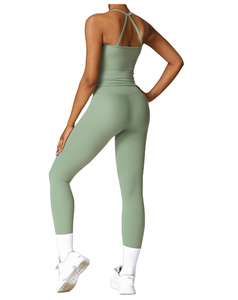 Mint Green 2 Piece Yoga Set High Waist Leggings Square <b>Neck</b> <b>Halter</b> Crop <b>Top</b> Seamless Full Length Spandex Polyester Workout Wear - Product Image 2