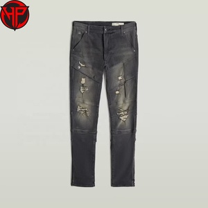 Jean en denim déchiré et patchwork pour homme, taille mi-haute, coupe slim droite, délavé, avec poches cargo boutonnées, style streetwear - Product Image 4