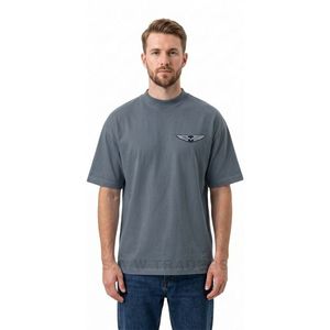 T-shirts bleu ardoise à épaules tombantes avec imprimé graphique aviation de luxe au dos, inspirés du voyage, style streetwear urbain décontracté - Product Image 1