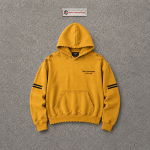 เสื้อฮู้ดดี้ผู้ชายสีเหลืองพรีเมียม ทรงโอเวอร์ไซส์ ผ้าฝ้ายเฟรนช์เทอร์รี่ สวมใส่สบายๆ สำหรับฤดูใบไม้ร่วง มีโลโก้ด้านหน้า แถบลายที่แขนเสื้อ พร้อมโลโก้ด้านหลัง - Product Image 5