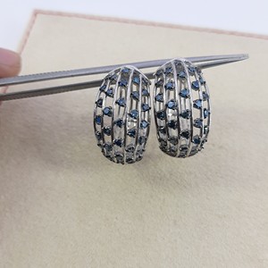 1.49 Cttw Blue Diamond Hoop <b>Huggie</b> Earrings 925 Sterling <b>Silver</b>, Round Cut Color-Enhanced Natural Diamond Earrings for Women, Om - Product Image 2