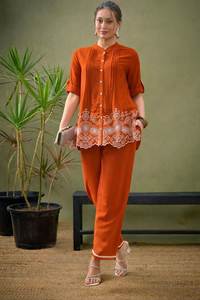 <b>Women</b> Orange Mandarin Collar Embroidered <b>Kurta</b> Pant Co-ord Set Loose Fit Short Sleeve Casual Dresses All Seasons - Product Image 3