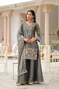 Conjunto de Salwar Kameez de Seda Roja Bordada, Corte Holgado y Largo hasta el Suelo, para Mujer, con Túnica Palazzo, Borde de Encaje y Dupatta, Vestido para Bodas y Fiestas - Product Image 3