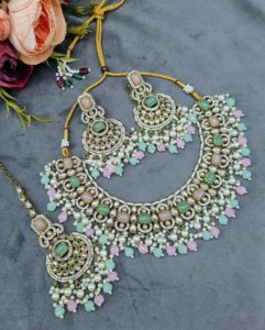 Radiant Cut Stone Choker Necklace <b>Set</b> With Matching Earrings And Mangtika Antique <b>Gold</b> Plated Fashion Ethnic <b>Jewellery</b> Wholesale - Product Image 1