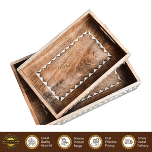 Elegant Design Superior Quality Wholesale Rectangular Shape <b>Hand</b> Carved Mango Wood Food Serving Trays <b>Set</b> of 2 with Handles - Product Image 2