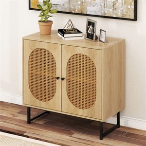 Credenza in Stile Boho in Rattan PE Naturale con 3 Ripiani Regolabili e Cerniere a Chiusura Morbida per Soggiorno - Product Image 2