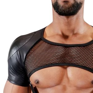 Top de malla negra con mangas de PU para hombre, ropa de club sexy y transpirable - Product Image 1