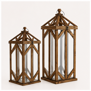 Wooden Candle <b>Lantern</b> <b>Set</b> of 2 Farmhouse Decorative Glass Hurricane <b>Lantern</b> with Metal Top for Wedding Centerpiece Home Decor - Product Image 1