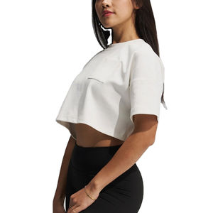 เสื้อยืดครอปผู้หญิงแบบสั่งทำ แขนสั้น ทรงโอเวอร์ไซส์ ผ้าเจอร์ซีย์คอตตอน 100% เสื้อครอปท็อปลำลองทรงหลวม สไตล์สตรีทแวร์สำหรับฤดูร้อน เสื้อยืดเปล่า OEM - Product Image 4