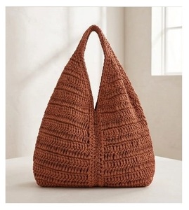 Sac fourre-tout au crochet couleur unie style bohème, sac à main pour femme à ouverture supérieure, respirant, fermeture éclair, doublure en coton, prêt pour le voyage - Product Image 4