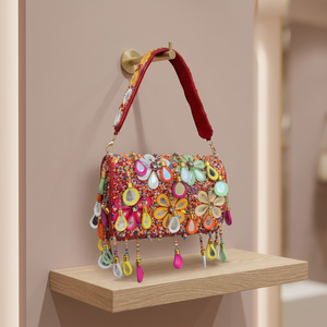 Handmade Beaded <b>Satchel</b> <b>Bag</b> Colorful Rectangle Pattern Flap Closure Shoulder Strap Lightweight Casual Fashion Evening Party - Product Image 2