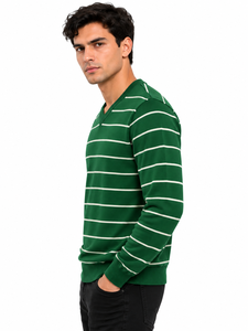 Livster <b>Mens</b> Winter 100% Cotton Dark Green V Neck Striped Knitted <b>Sweater</b> Classic Full Sleeve Pullover <b>White</b> Horizontal Stripe - Product Image 2