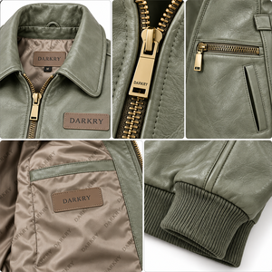 Chaqueta de Cuero Genuino Color Verde Salvia para Mujer, Estilo Vintage A2, Cuello Camisero, Dobladillo Acanalado, Darkry Factory Vendor - Product Image 6
