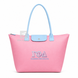 Sac fourre-tout personnalisé Gamma Phi Delta Sorority, bleu ciel et rose, logo brodé, grande capacité, usage quotidien, sac fourre-tout en cuir pour femme - Product Image 1