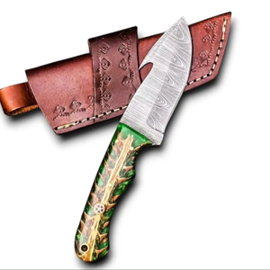 มีดล่าสัตว์ใบตายเหล็กดามัสกัส ด้ามจับทรงกรวยสน พร้อมซองหนัง  มีดสำหรับการเอาชีวิตรอดและการตั้งแคมป์  รับผลิตแบบ OEM/ODM - Product Image 1