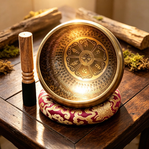 Handcrafted Antique Brass Singing <b>Bowl</b> with Intricate Buddha Mandala Engraving Wooden Mallet and <b>Red</b> Gold Embroidered - Product Image 5