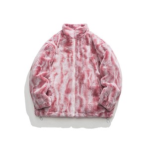 เสื้อแจ็คเก็ตผ้าฟลีซผู้ชายสีชมพู ลายมัดย้อม คอตั้ง ปิดด้วยซิป ทรงหลวม เสื้อคลุมหนา แขนปกติ แบบพาร์กา - Product Image 1