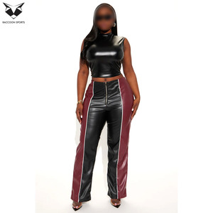 Pantalon en cuir bicolore bordeaux et noir tendance, pantalon taille haute pour femme avec fermeture éclair et empiècements rayés en similicuir PU, tenue de club sexy - Product Image 6