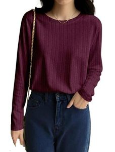 Camiseta de Manga Larga con Cuello Redondo Acanalado para Mujer, Estilo Informal para Oficina o Fiesta - Product Image 1