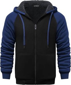 Sweat-shirt à capuche bleu marine avec bordure contrastée en polyester, vêtement décontracté pour adultes, utilisation promotionnelle hiver - Product Image 3