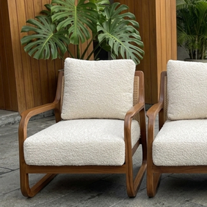 Weatherproof Teak Wood <b>Garden</b> <b>Chair</b> Premium Boucle Cushion Natural Rattan Accent Armchair Modern Sled Base Hotel ResortFurniture - Product Image 3