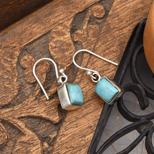 Natural Turquoise Rectangular Cabochon Dangle Earrings 925 <b>Sterling</b> <b>Silver</b> Handmade Minimalist Vintage Boho Gemstone Jewelry - Product Image 4
