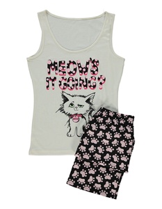 Ensemble de vêtements de nuit pour femmes en jersey à taille élastique imprimé, longueur intégrale, été et printemps, 100% coton - Product Image 1